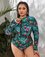 Ocevara - Palm Leaves Color High Neckline Long Sleeve Zipper One Piece Swimsuit