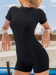 New European and American Fashion Women's Solid Color Zipper 1pc Swimsuit, Short Sleeve Beach Sports Swimwear