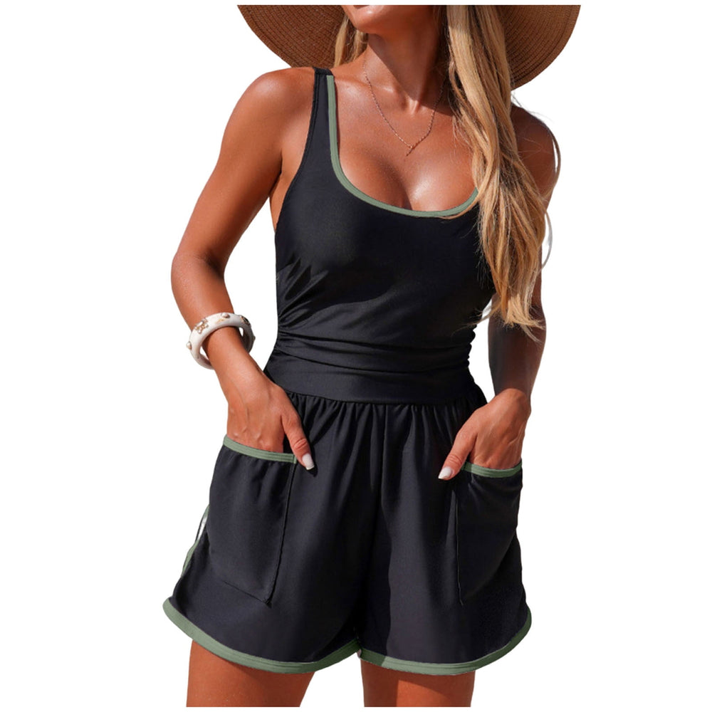 Bathing Suit for Women Tummy Control One Piece Swimsuit Color Block Sporty Surfing Suit Swimwear with Pockets Shorts