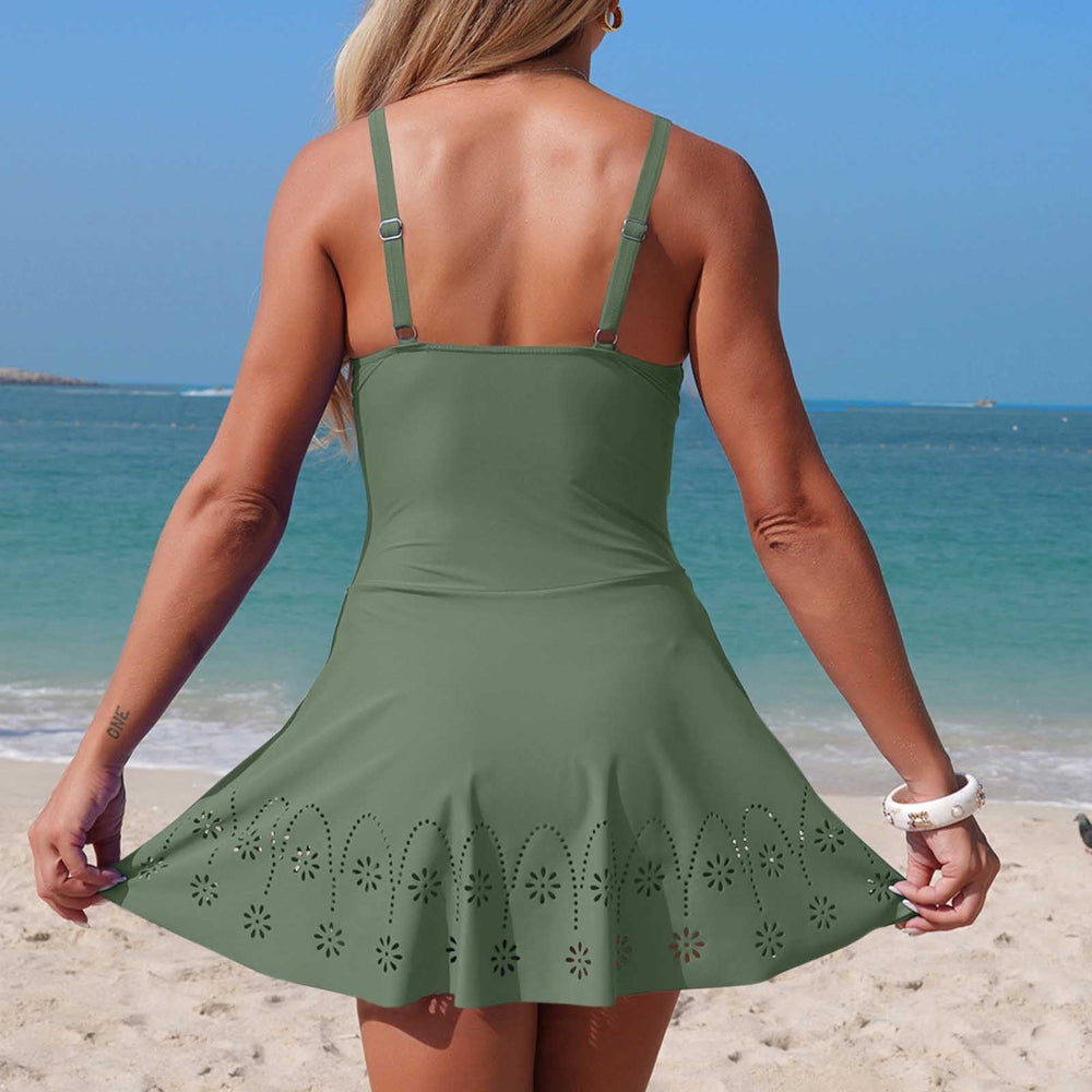 Women's Athletic One Piece Solid Color Swimsuit with Skirted Cover and Cutouts, Modest Yet Sexy for Active Beach Day