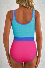 Iceland Blue Textured Color Block Patchwork One Piece Swimsuit