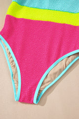Iceland Blue Textured Color Block Patchwork One Piece Swimsuit