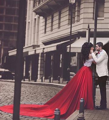 White Lace Crop Top Red Satin Two Pieces A Line Prom Dresses OK817