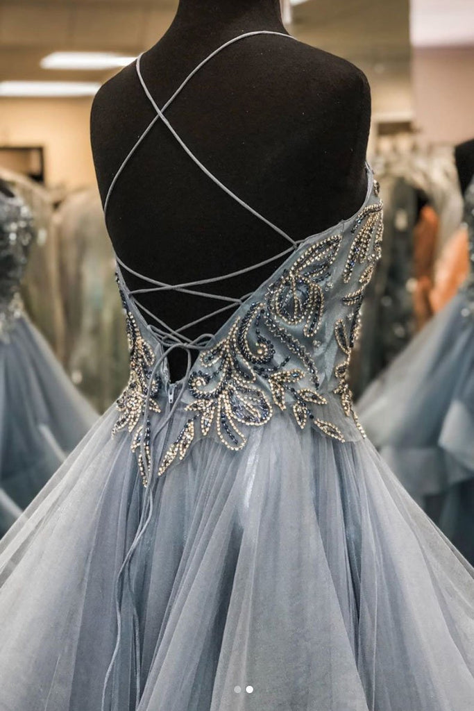Gray Tulle Beads Long Prom Dresses A Line Formal Evening Dresses OKQ33