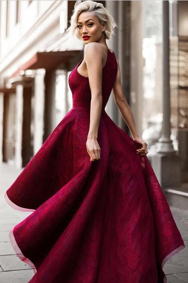 Charming Burgundy A Line Asymmetrical Lace Sleeveless Long Prom Dresses OKA24