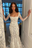 Illusion Mermaid Long Sleeves Tulle Appliques Wedding Dress Bridal Dresses OK1979