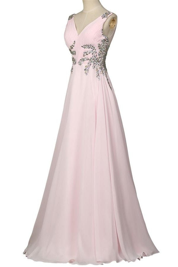 Beautiful Girly Chiffon Long Beading Pink V-neck Backless Prom Dress K744