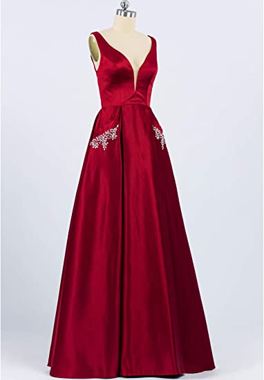 V Neck Prom Dress with Beads Pockets A-line Burgundy Satin Long Party Dress OKY53