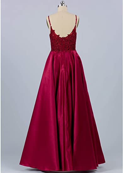 Burgundy Satin Spaghetti Straps Prom Dress Long A-line Evening Dress with Pockets OKY56