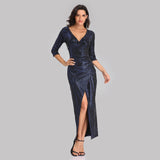 3/4 Sleeves V Neck Sheath Sequins Slit Prom Dress XU90820