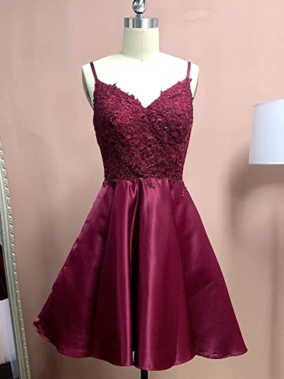 Burgundy Satin A-line Short Homecoming Dress with Pockets for Juniors Graduation V Neck Party Gown OKY52