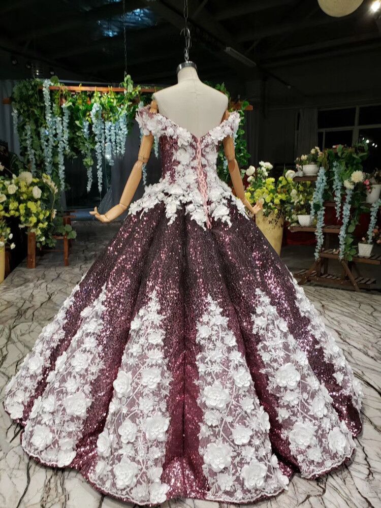 Princess Sparkly Off the Shoulder Long Prom Dress Ball Gown Quinceanera Dress OKS26