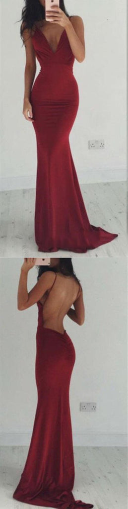 Formal Burgundy Mermaid Long Spaghetti Straps Prom Dresses OKD81