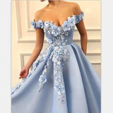 Blue Off Shoulder Flower Appliques A-line Long Modest Beautiful Prom Dress OKH13