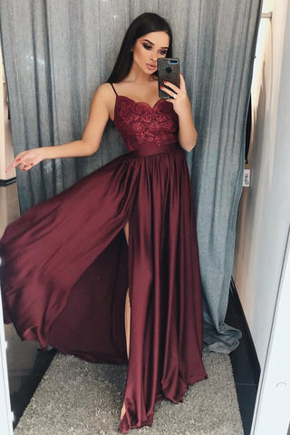 Burgundy A Line V-Neck Long Spaghetti Strap Split Prom Dress With Lace OKH74