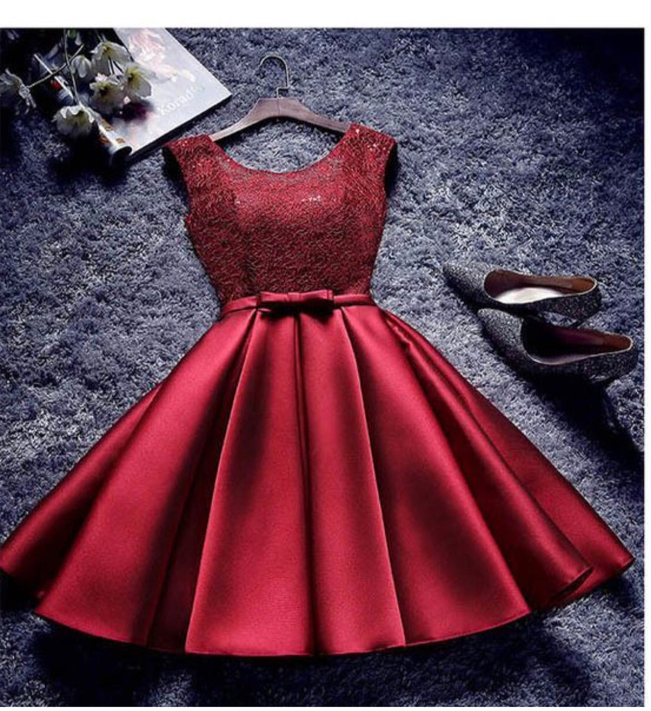 Burgundy A Line Short Satin Homecoming Dresses OKD85