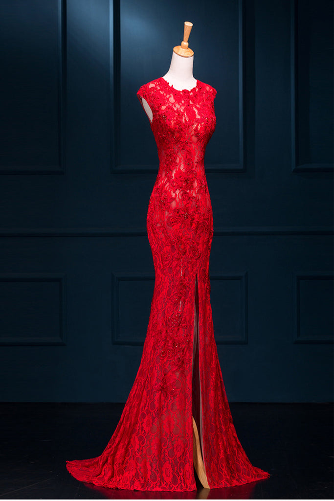 Long Sexy Red Lace See Through Split Mermaid Prom Evening Dresses ED0719