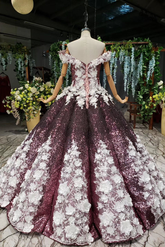 Princess Sparkly Off the Shoulder Long Prom Dress Ball Gown Quinceanera Dress OKS26