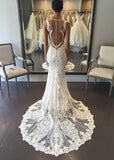 Mermaid V-neck Lace Wedding Dresses With Court Train, Bridal Gown OK1886