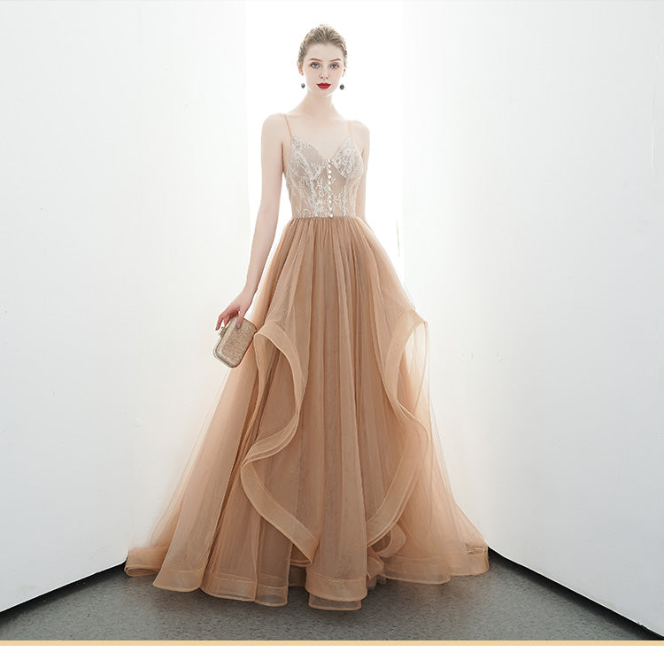 A-line Spaghetti Straps Tulle Long Lace Appliques Prom Dress OKR85
