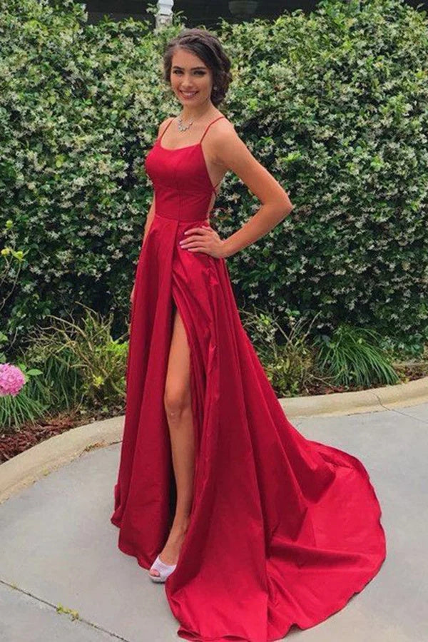 Newest Red A-line Satin Spaghetti Straps Long Prom Dresses with Slit OK1725