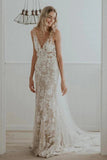 Sheath V-neck Lace Wedding dresses With Chapel Train, Unique Bridal Gowns OK1888