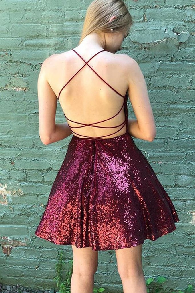 Shiny Sequins Criss Cross Burgundy Short A-line Homecoming Dress OKX66