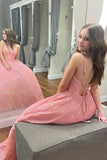 Pink Sparkly Sequins A-Line V-neck Spaghetti Straps Prom Dresses With Pockets OK2009