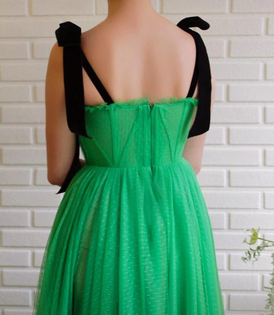A-line Black Straps Sage Long Charming Prom Dress Tulle Evening Dress OKS97