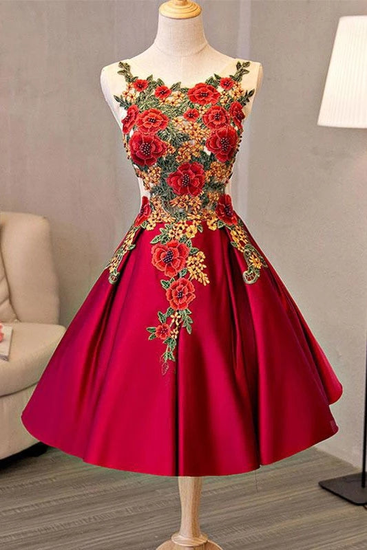Pretty Short Satin A-line Lace Up Homecoming Dress With Embroidered Appliques K092
