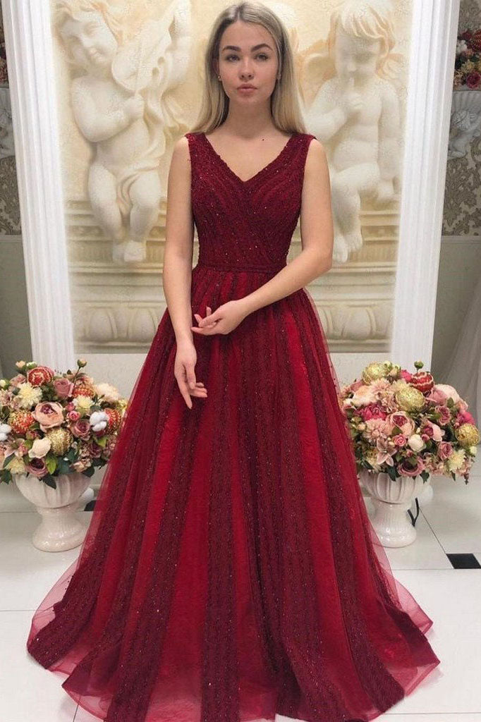 Burgundy V Neck Sleeveless Beaded Prom Dress Sweep Train Dress OKO89