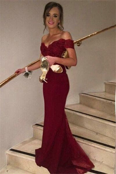 Red Off Shoulder Lace Long Mermaid Classy Handmade Prom Dress K655
