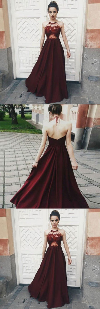 Sexy Halter Dark Burgundy Long Sleeveless Prom Dress with Appliques OK733