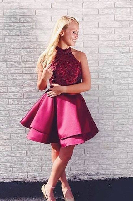 Two Piece A-Line Burgundy Lace Top Homecoming Dresses OKD26