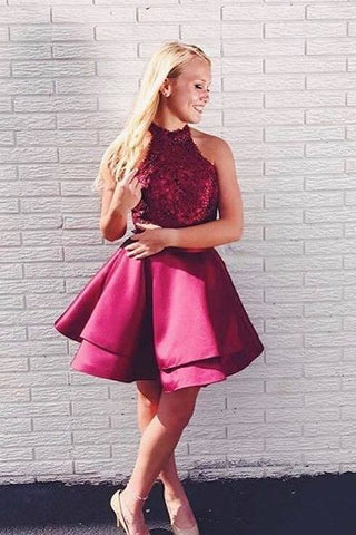Two Piece A-Line Burgundy Lace Top Homecoming Dresses OKD26