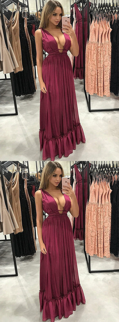 Sexy A-Line V-Neck Pleated Burgundy Chiffon Prom Party Dresses OKF8