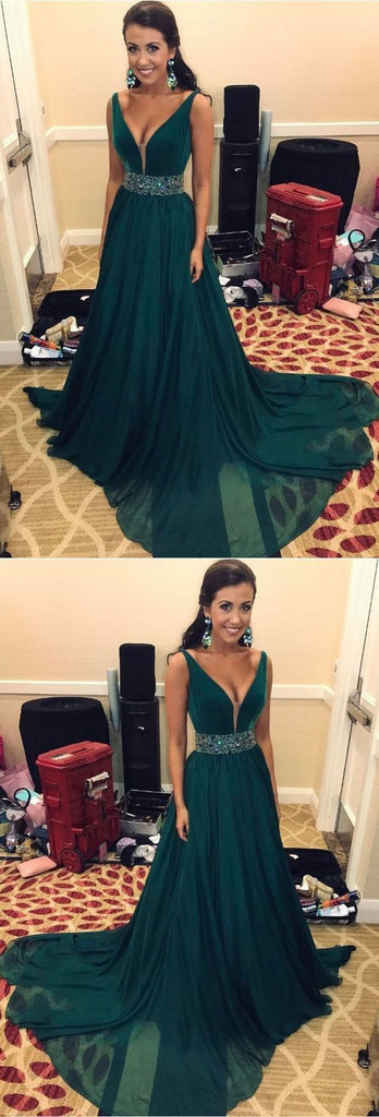 Simple V-Neck Sweep Train Dark Green Chiffon Prom Dresses with Beading OKF67