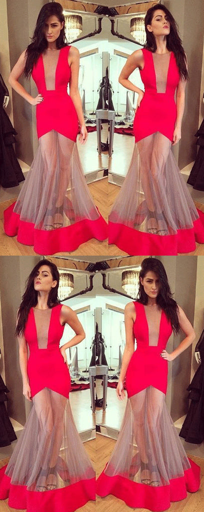 Red Long Mermaid Unique Prom Dress,Formal Evening Dresse OKE49