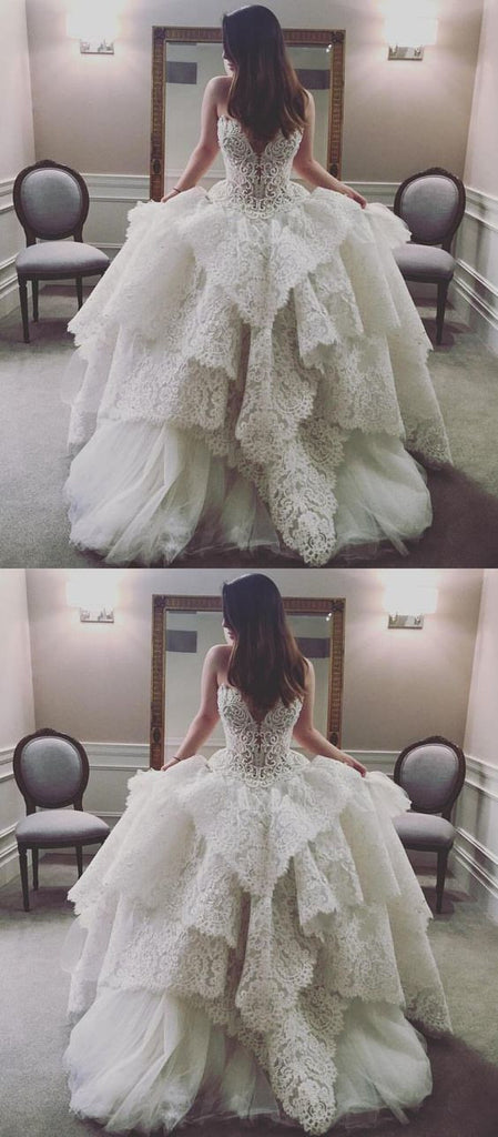 Princess A-Line Sweetheart Floor-Length Ivory Tulle Wedding Dresses with Lace OKE99
