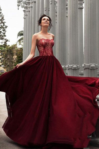 Glamorous A-Line Strapless Burgundy Long Evening Dress With Lace,Lace up Backless Prom Dress,Sweetheart Formal Dress,Prom Dresses