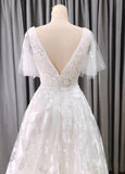 Vintage A Line V Neck Lace Wedding Dress With Flutter Sleeves OK1901