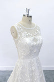 3D Flowers A-line Round Neck Wedding Dress with V Back Lace Bridal Dress OKU68