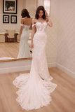 Princess Off Shoulder Court Train Chiffon Long Wedding Dresses with Lace Appliques OKA51