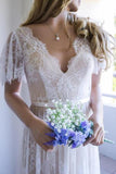 Romantic A-line Backless Lace Short Sleeves V Neck Long Wedding Dresses OKA52