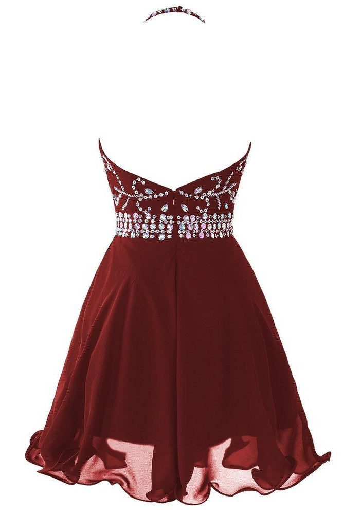 Chiffon Burgundy A Line Halter Homecoming Dresses With Beading,Short Prom Dresses OK331
