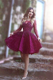 Long Sleeves Sparkly Prom Dress,Short Purple Homecoming Dress,Sweet 16 Dress OK472