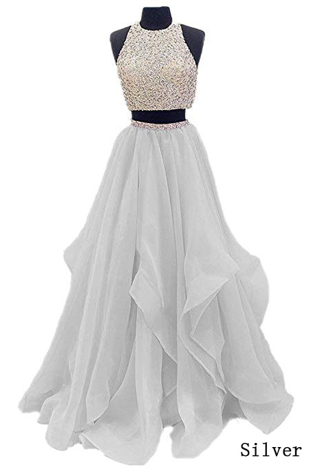 Two Piece Floor Length Burgundy Prom Dresses Beaded Open Back Evening Gown OK603