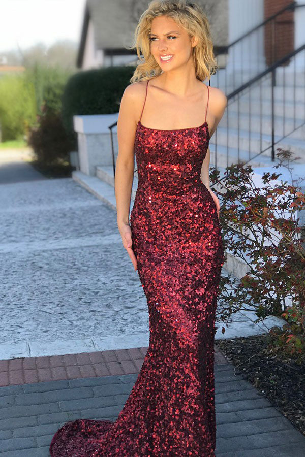 Sexy Prom Dresses,Mermaid Prom Gown,Spaghetti Straps Prom Dress,Burgundy Prom Dress,Sequined Prom Dress