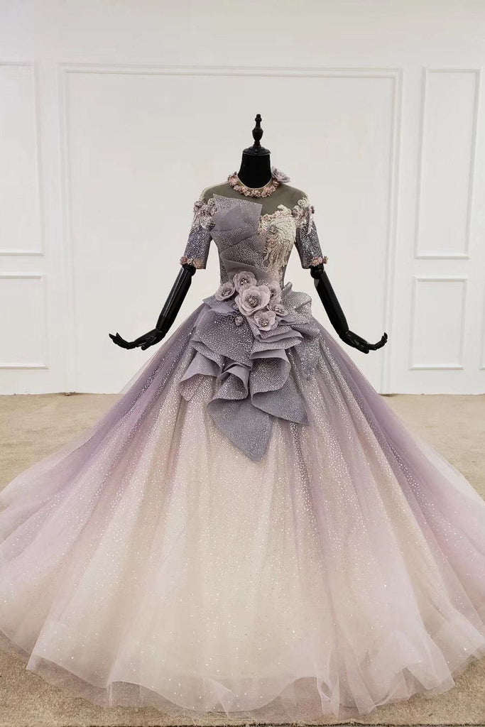 Sparkly Ball Gown Half Sleeves Ombre Quinceanera Dress with Flowers OKS90