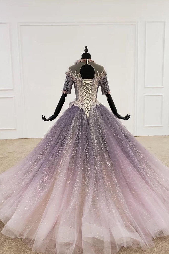Sparkly Ball Gown Half Sleeves Ombre Quinceanera Dress with Flowers OKS90